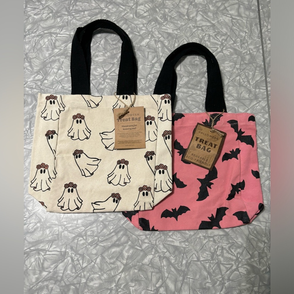 NWT 2 Halloween All Over Print Small Canvas Totes - Ghost Print & Bat Print